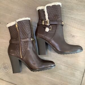 Michael Kors Lizzie Brown Leather Sherpa Block Heel Bootie (8)